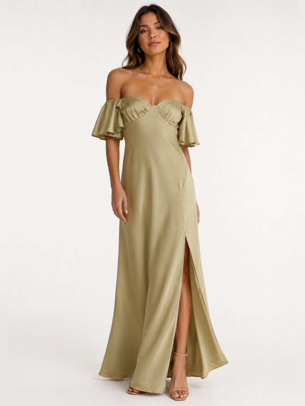 Olive Off-the-Shoulder Maxi Dress with Side Slit Size S